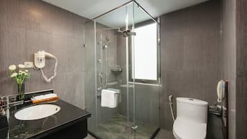 A modern bathroom with a glass-enclosed shower, a white toilet, and a black sink.
