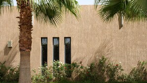 A building with a textured facade, three vertical windows, and a palm tree in the foreground. - NETUMIA (Marrakech)