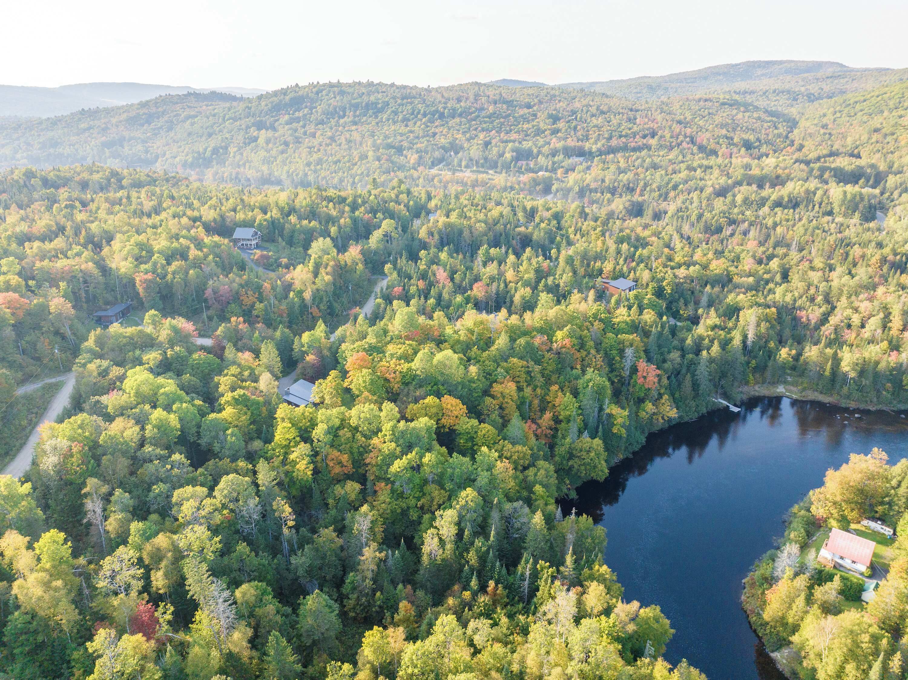 An aerial view of a forested area with a lake, several cabins, and a road.