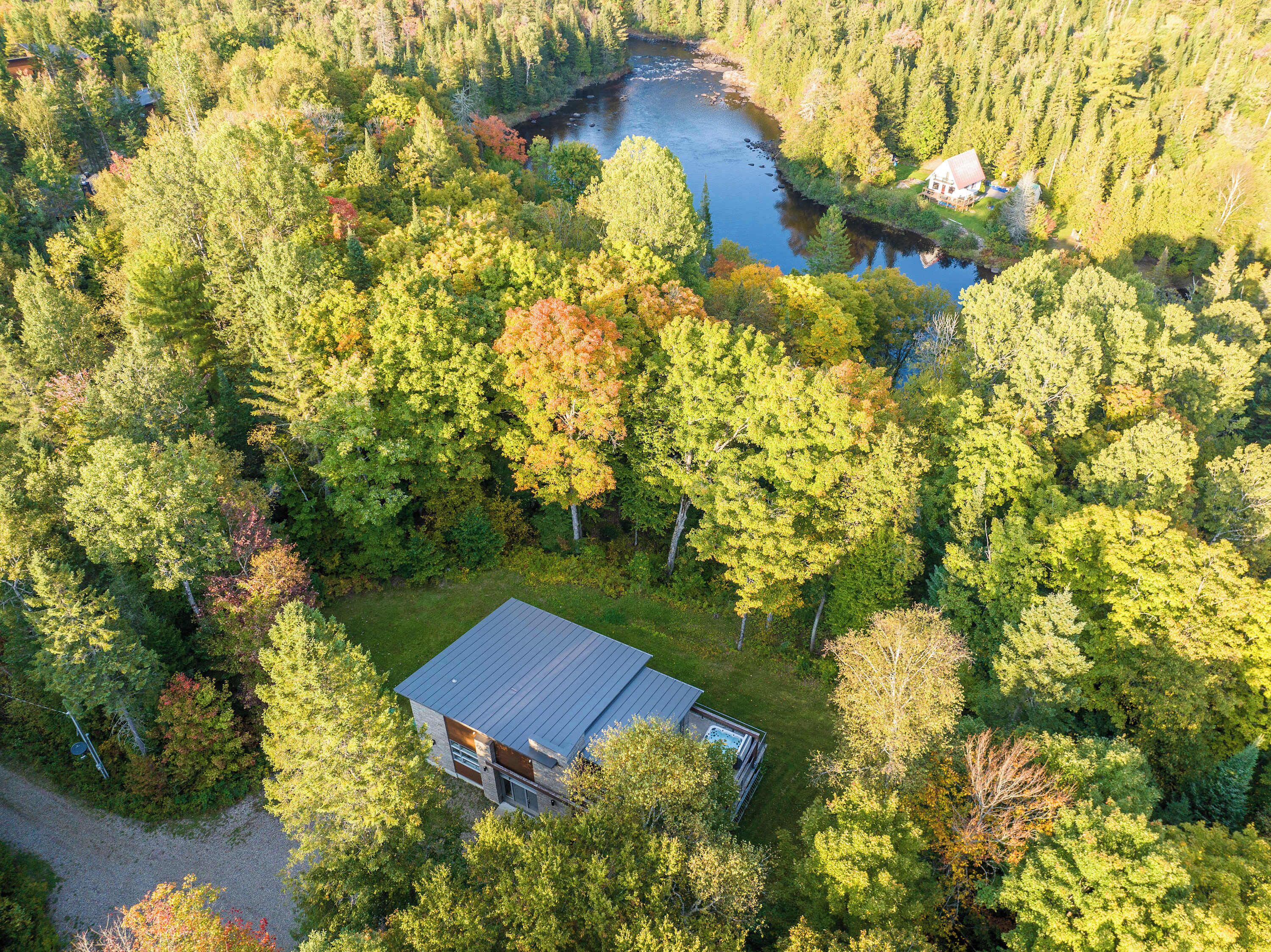 An aerial view of a secluded cabin surrounded by dense forest, with a small stream nearby.
