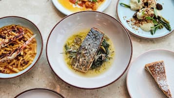 A variety of dishes on plates.