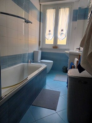 Hair dryer, bidet, towels, soap