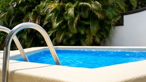 A swimming pool with a metal ladder, surrounded by a white wall and palm trees. - Sunny Days Villa At Playa Hermosa (Playa Hermosa)