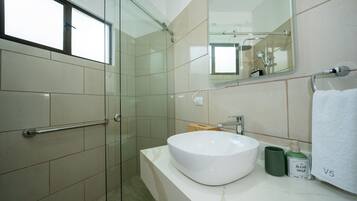 Shower, hair dryer, towels