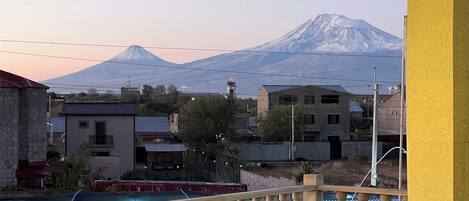A residential area with houses, a mountain, and a guard tower.