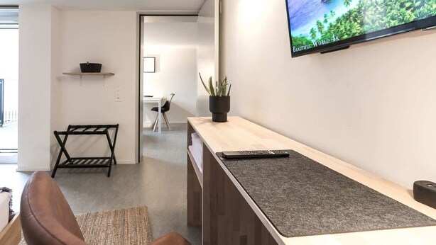 Una sala de estar moderna con una televisión de pantalla plana, una mesa de centro de madera, una silla negra y una pequeña planta.