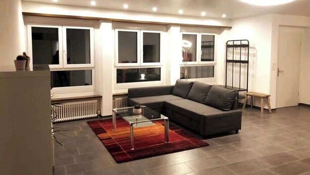 A modern living room with a sectional sofa, a glass coffee table, and a red rug. - Apartment with shower - washing machine - 180 degree lake view (Rorschach)