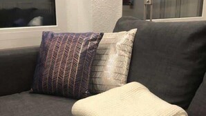A grey sofa with a white throw blanket and patterned pillows. - Apartment with shower - washing machine - 180 degree lake view (Rorschach)