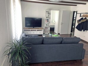 A living room with a sofa, a TV, a glass coffee table, and a potted plant. - Apartment 2-6 Pers near City with free Parking and Nespresso (St. Gallen)