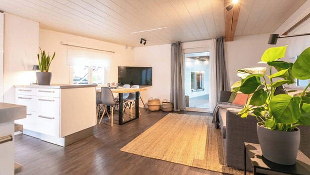 A modern living space with a kitchen, dining area, and seating area.