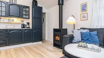 Una sala de estar moderna con chimenea, un sofá, una mesa de centro y una cocina con armarios y estufa.