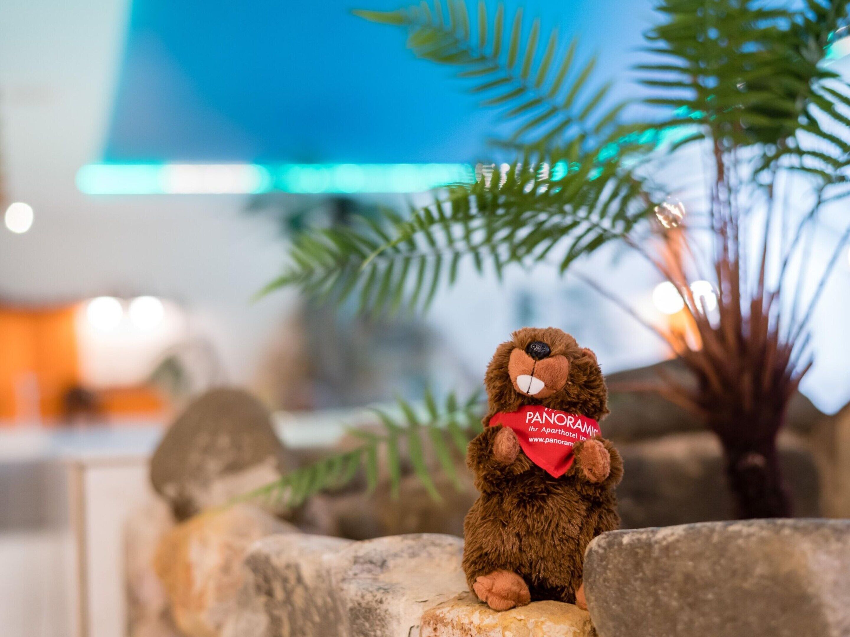 A plush toy bear with a red heart-shaped badge sitting on a stone surface.