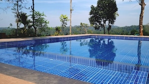 Une piscine rectangulaire aux carreaux bleus, entourée d’arbres et bordée d’un ciel dégagé.