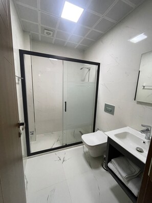 Ducha, secador de pelo, toallas, jabón