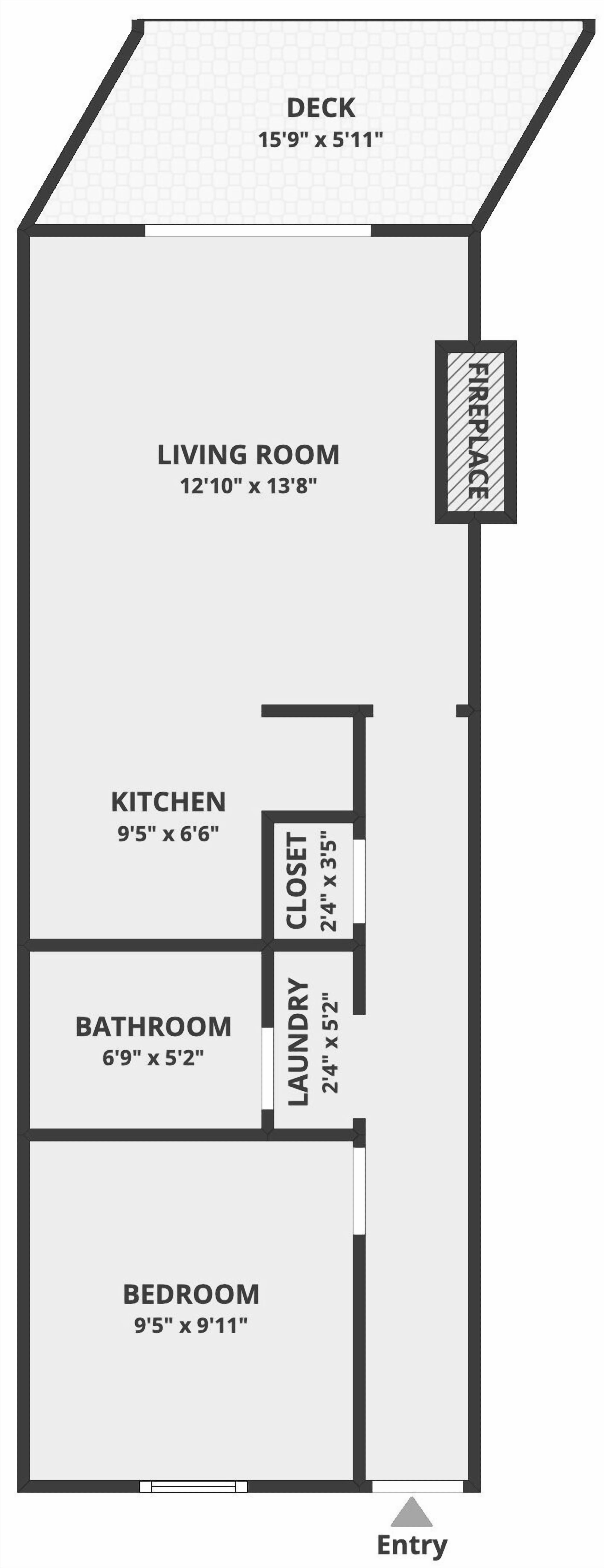 A floor plan of a house with a deck measuring 15'9" x 5'11", a living room of 12'10" x 13'8", a kitchen of 9'5" x 6'6", a bathroom of 6'9" x 5'2", a bedroom of 9'5" x 9'11", and a laundry area of 24" x 5'2".