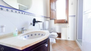 Een douche, een haardroger, een bidet, handdoeken