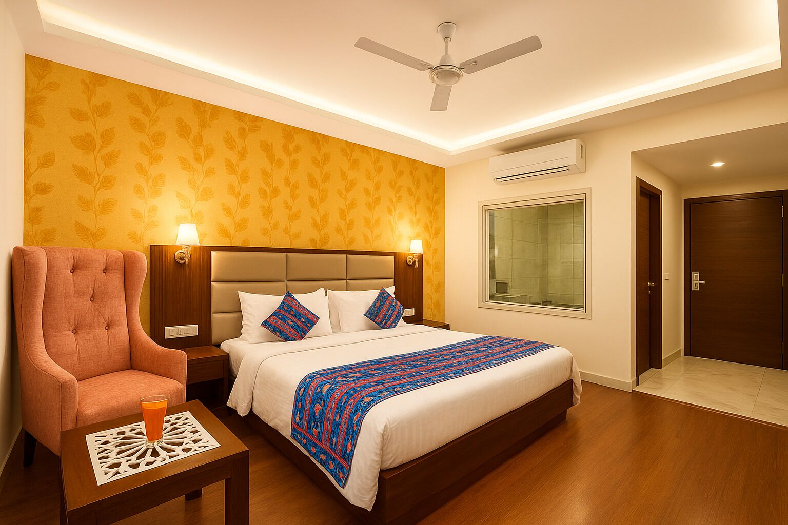 A hotel room with a bed, a chair, a bedside table with a glass of orange juice, a ceiling fan, an air conditioning unit, and a window.