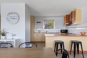 Fridge, microwave, toaster, cookware/dishes/utensils
