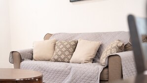 A living room with a grey sofa, patterned cushions, and a wooden coffee table.