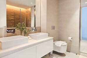 Shower, hair dryer, towels
