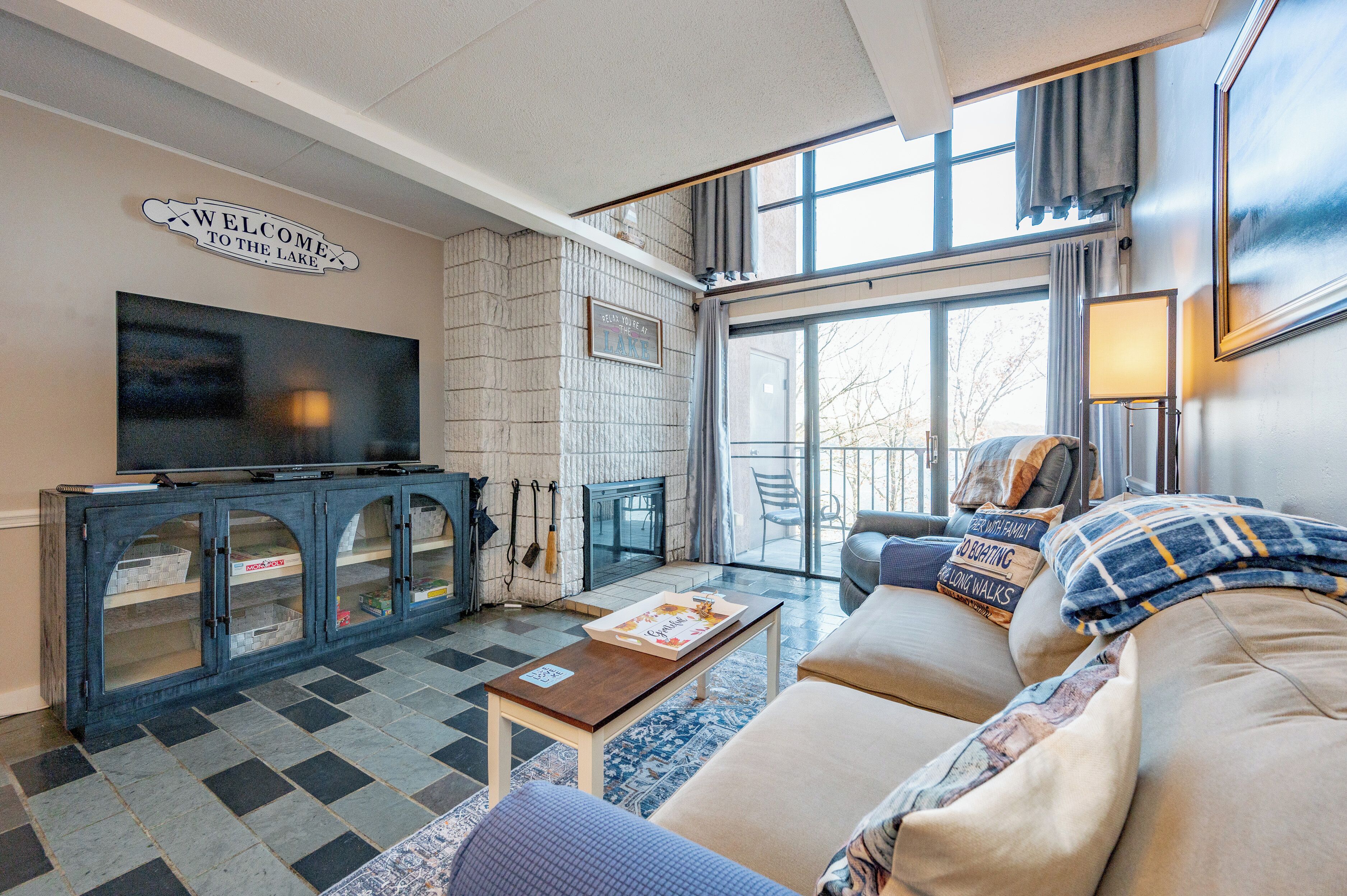 Smart TV, fireplace, video games, DVD player