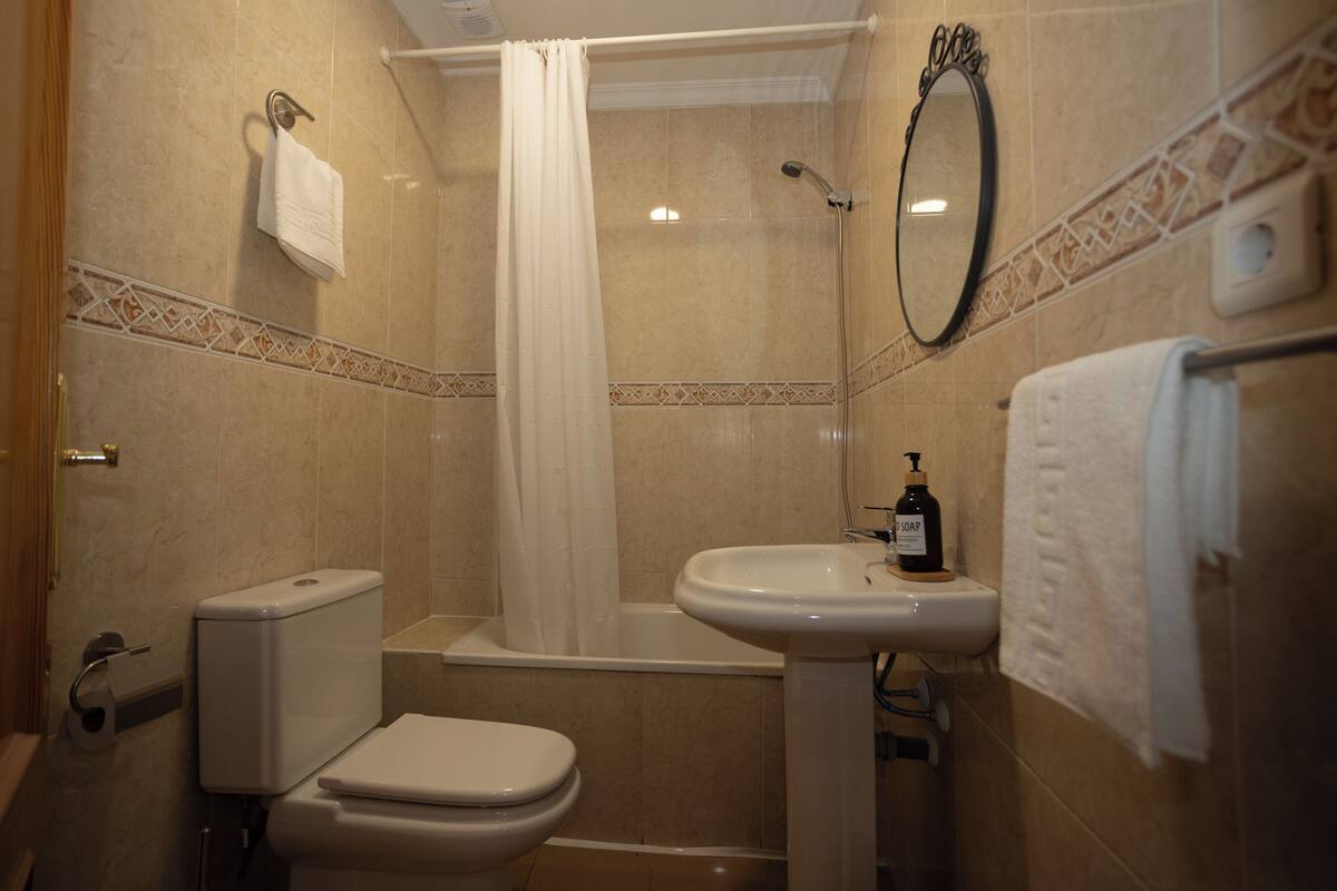 A bathroom with a toilet, sink, shower, and a mirror.