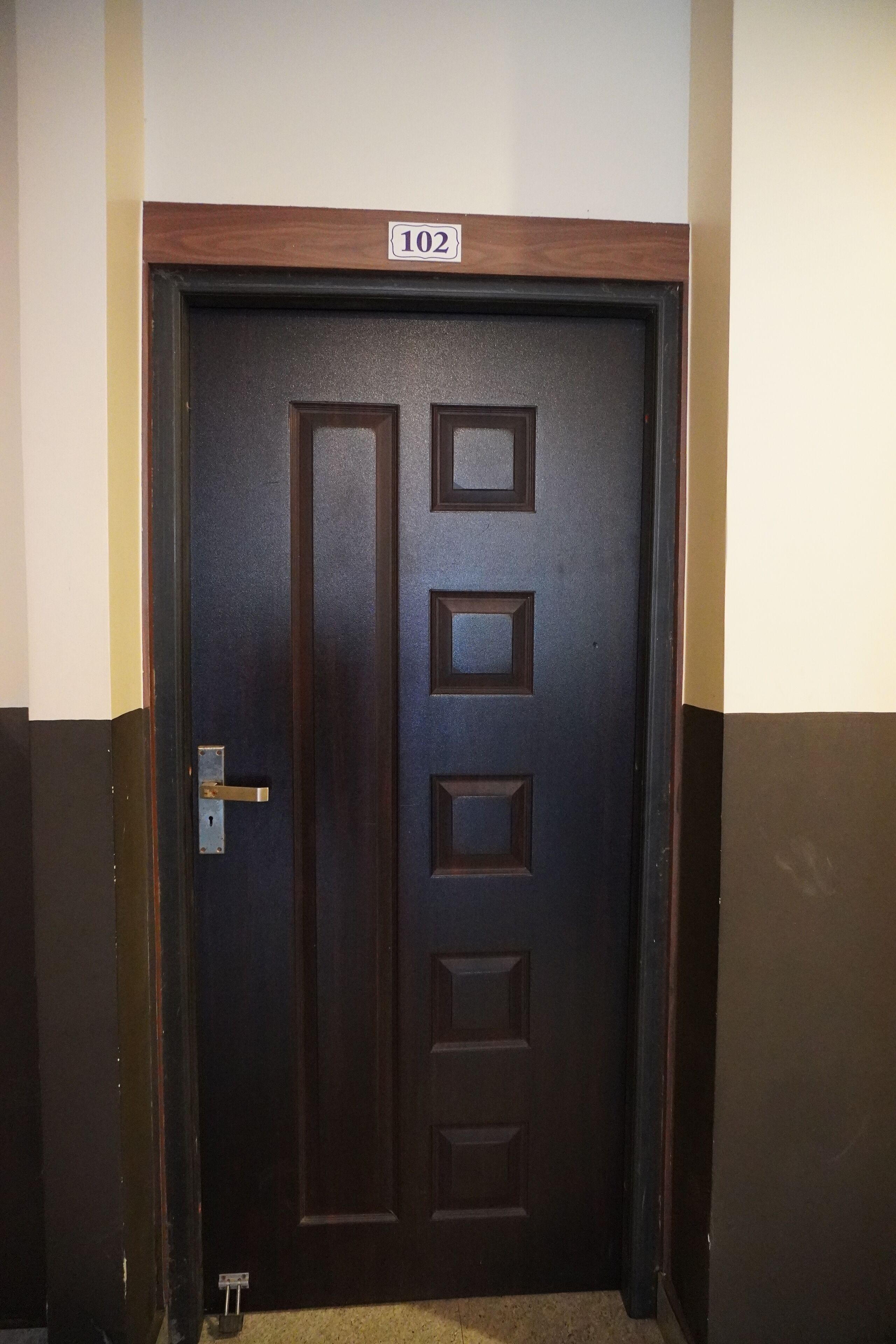 A dark wooden door with a number plate indicating room 102.