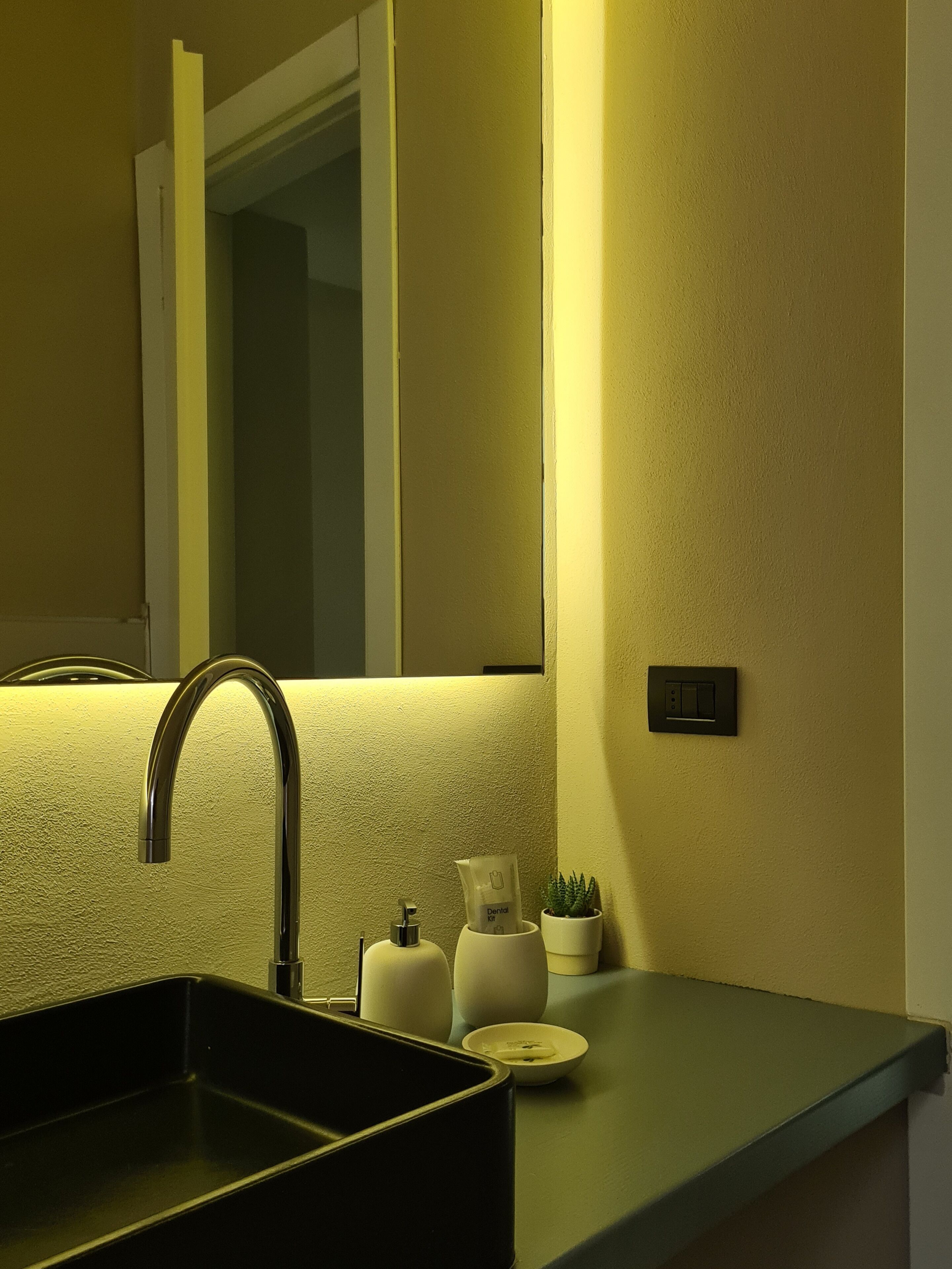Un bagno moderno con un lavandino nero, uno specchio, una lampada a parete e una piccola pianta in vaso.