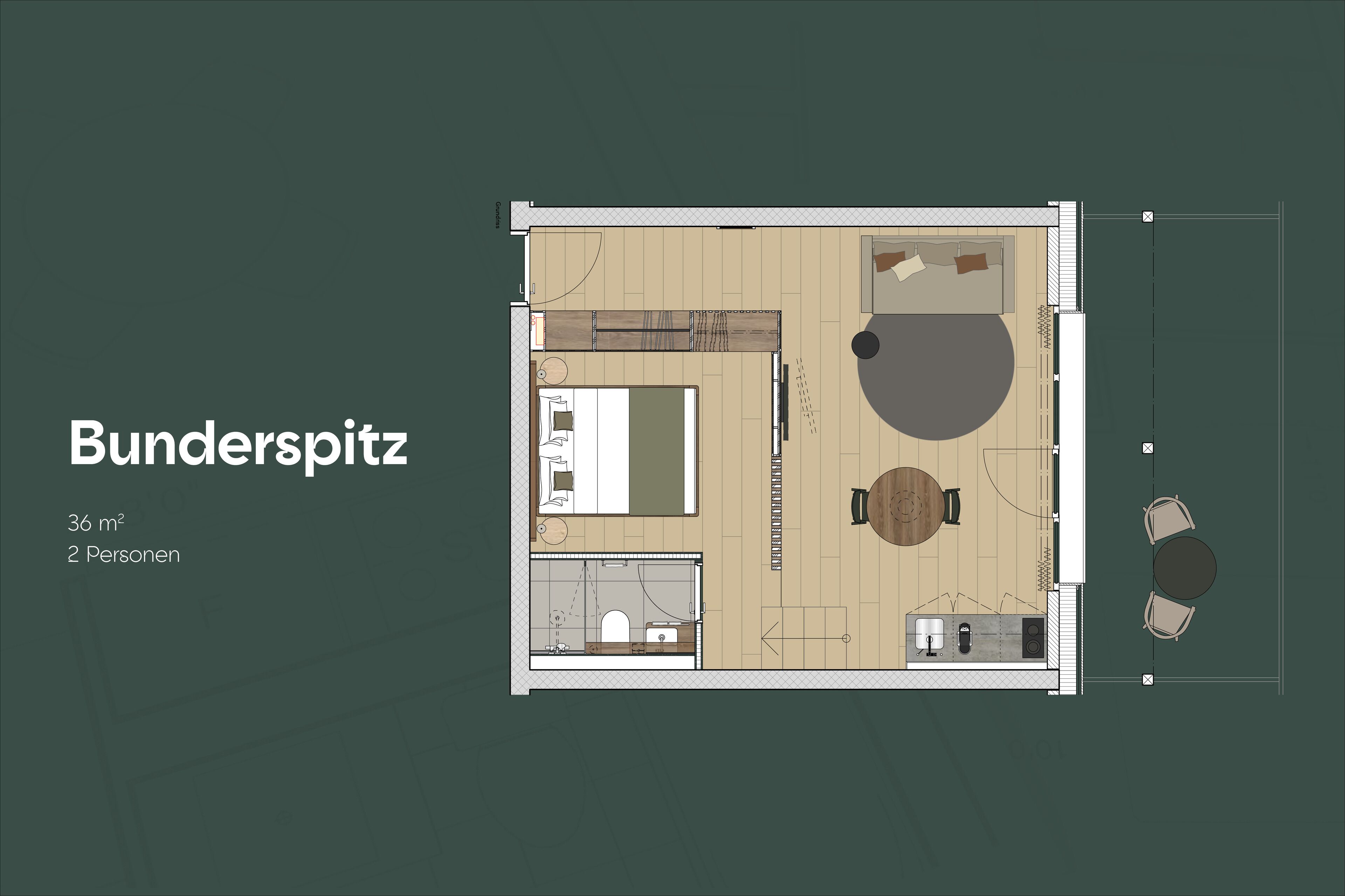 A 36 m² room layout for 2 people, including a bed, a desk, a chair, a small table, and a sofa.