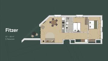 A floor plan of a 63-68 m² apartment designed for 5 people, featuring a dining area, kitchen, living room, and two bedrooms.