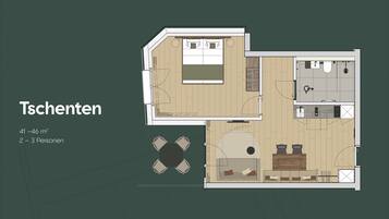 Een plattegrond van een Tschenten met een oppervlakte van 41-46 m², geschikt voor 2-3 personen. Het heeft een eethoek, een keuken, een badkamer en een zithoek.
