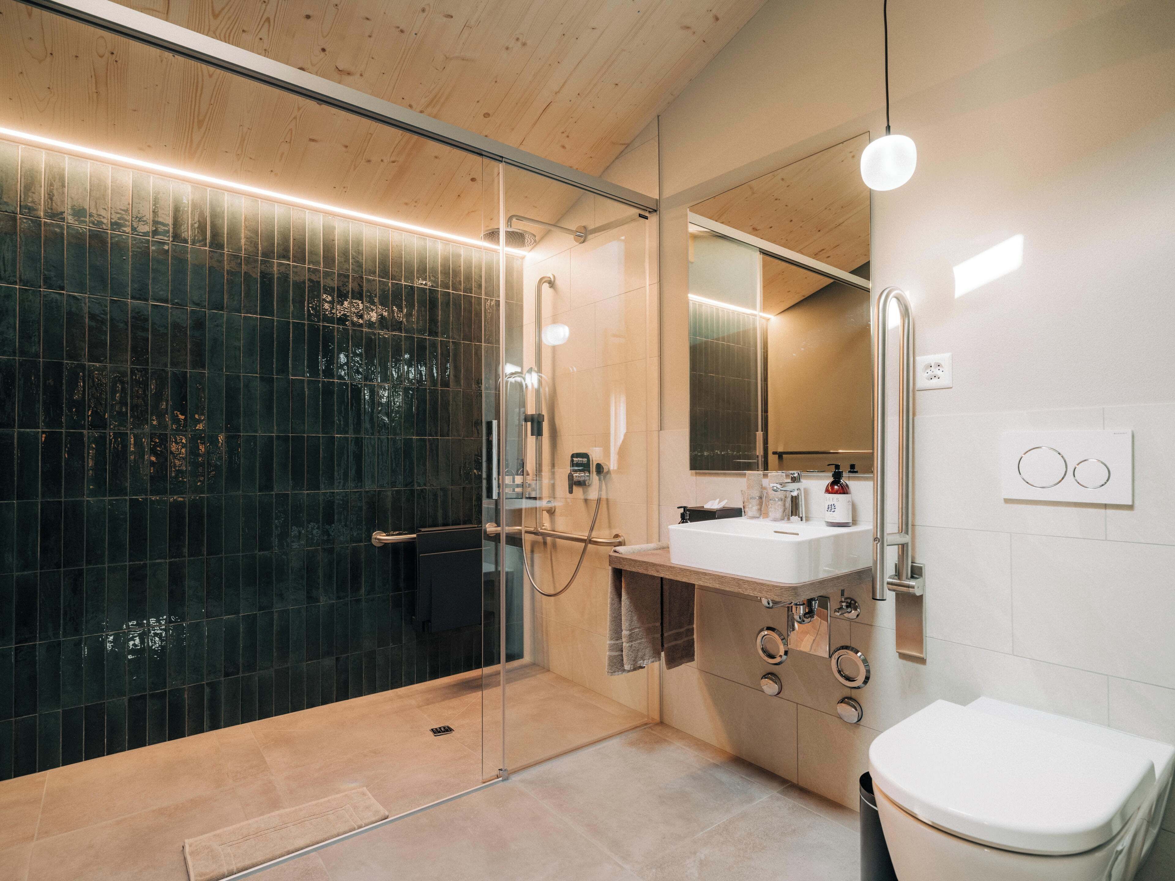 Un baño moderno con ducha envuelta en vidrio, un lavamanos blanco y un inodoro.
