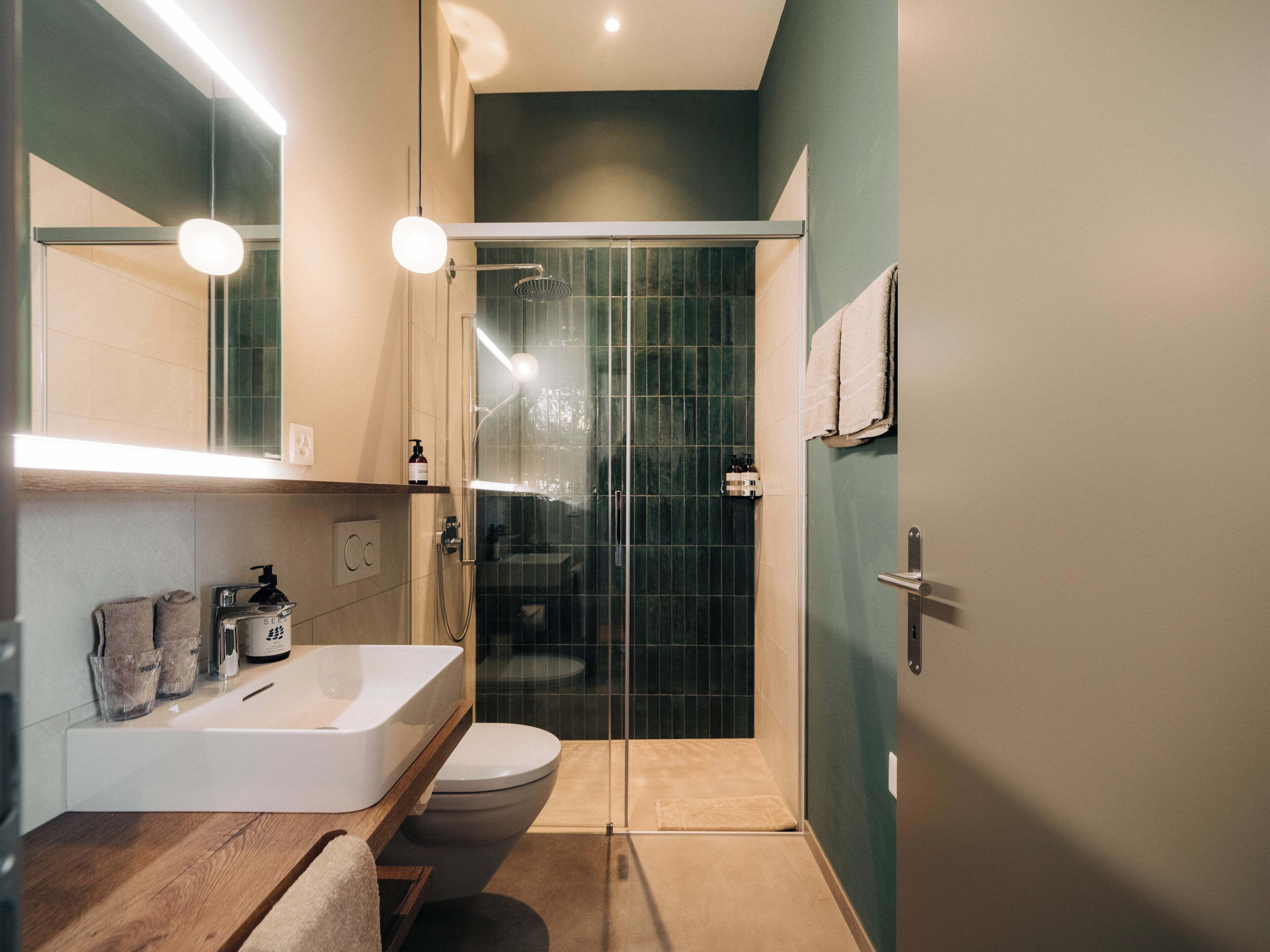 Un baño moderno con cabina de ducha de vidrio, un lavabo blanco y un inodoro.