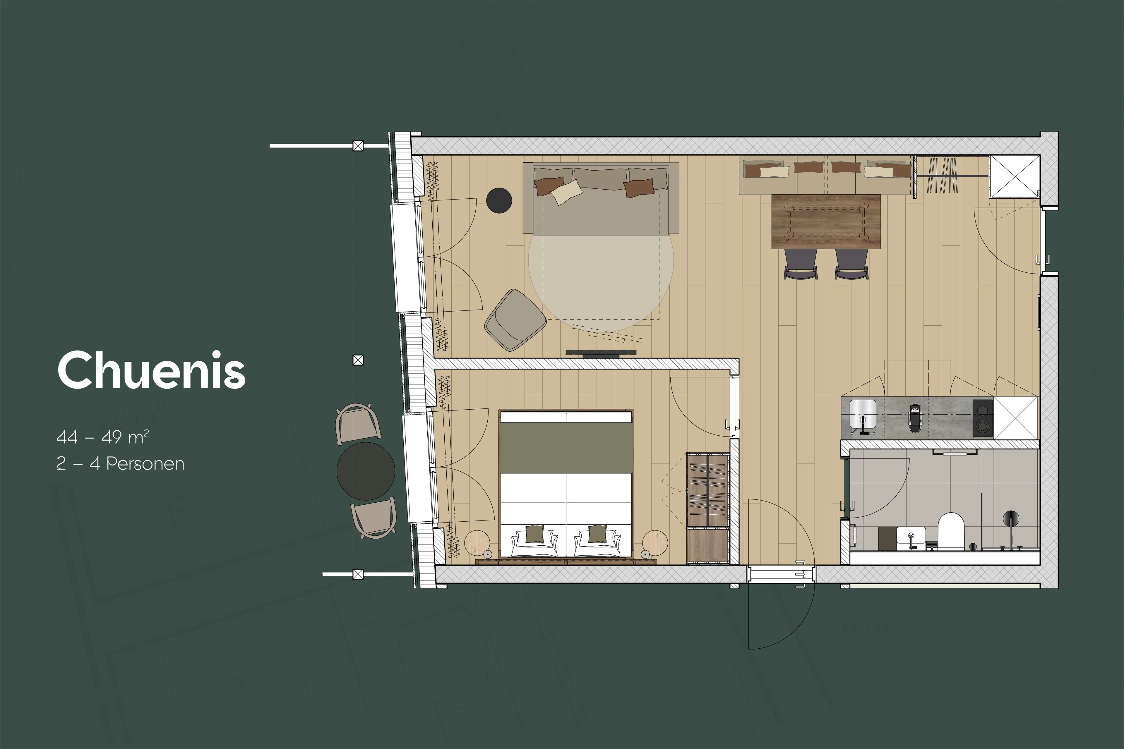Plan d’aménagement d’une pièce de 44 à 49 m², conçue pour accueillir de deux à quatre personnes, comprenant un lit, un coin salon et une kitchenette.