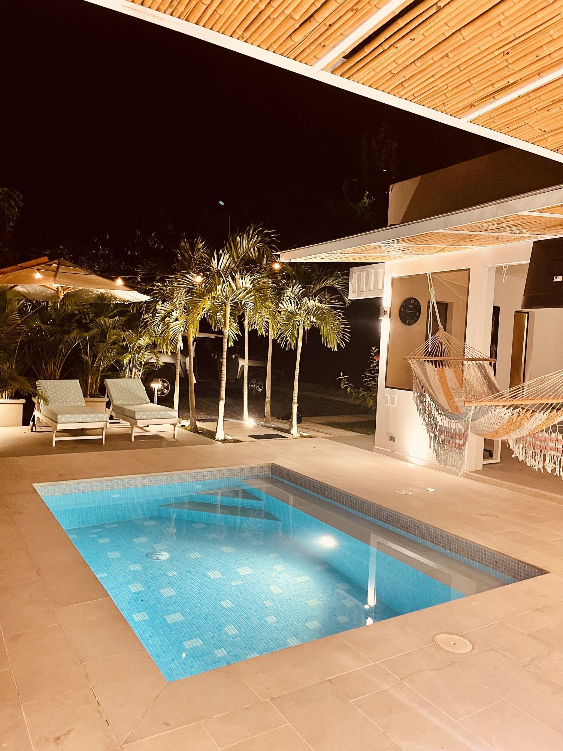 A swimming pool with lounge chairs and palm trees.