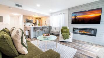 TV, fireplace, foosball