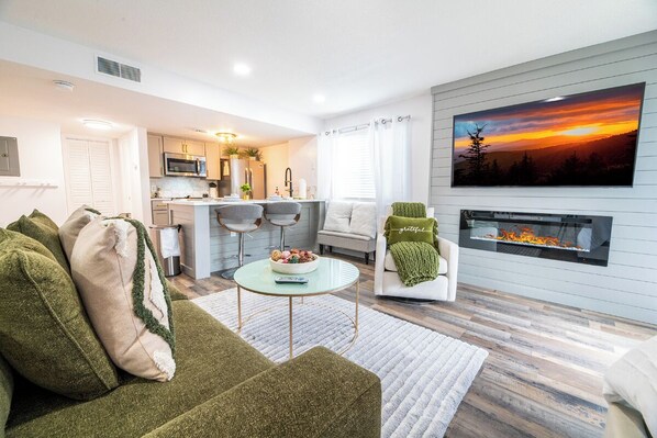 TV, fireplace, foosball