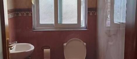 A small bathroom with a toilet, a sink, and a window.