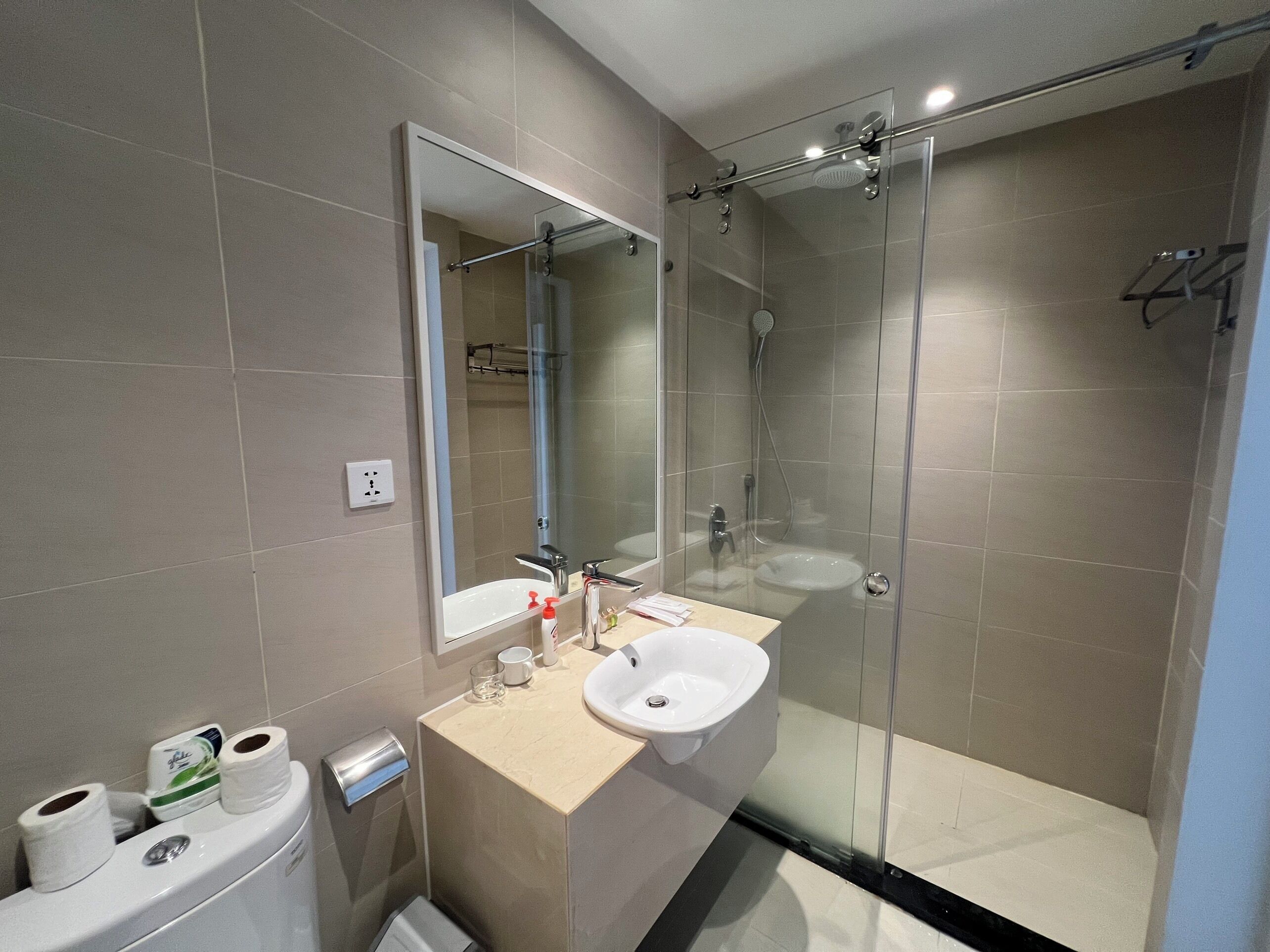 A modern bathroom with a glass-enclosed shower, a sink, and a toilet.