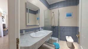 Ducha, secador de pelo, toallas y papel higiénico