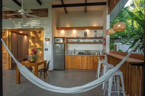 Fridge, microwave, stovetop, coffee/tea maker