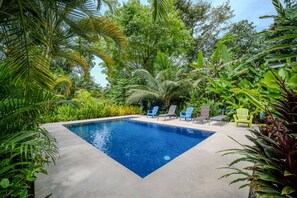 Une piscine rectangulaire entourée d’une végétation luxuriante et agrémentée de différents espaces pour s’asseoir.