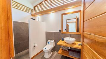 Een haardroger, handdoeken, zeep, shampoo