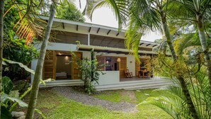 A modern house with a covered patio, a visible bedroom, and lush tropical vegetation.