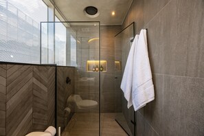 Shower, hair dryer, towels, soap