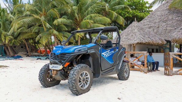 Un véhicule tout-terrain bleu est garé sur une plage de sable, avec des palmiers et une hutte à toit de chaume en arrière-plan.