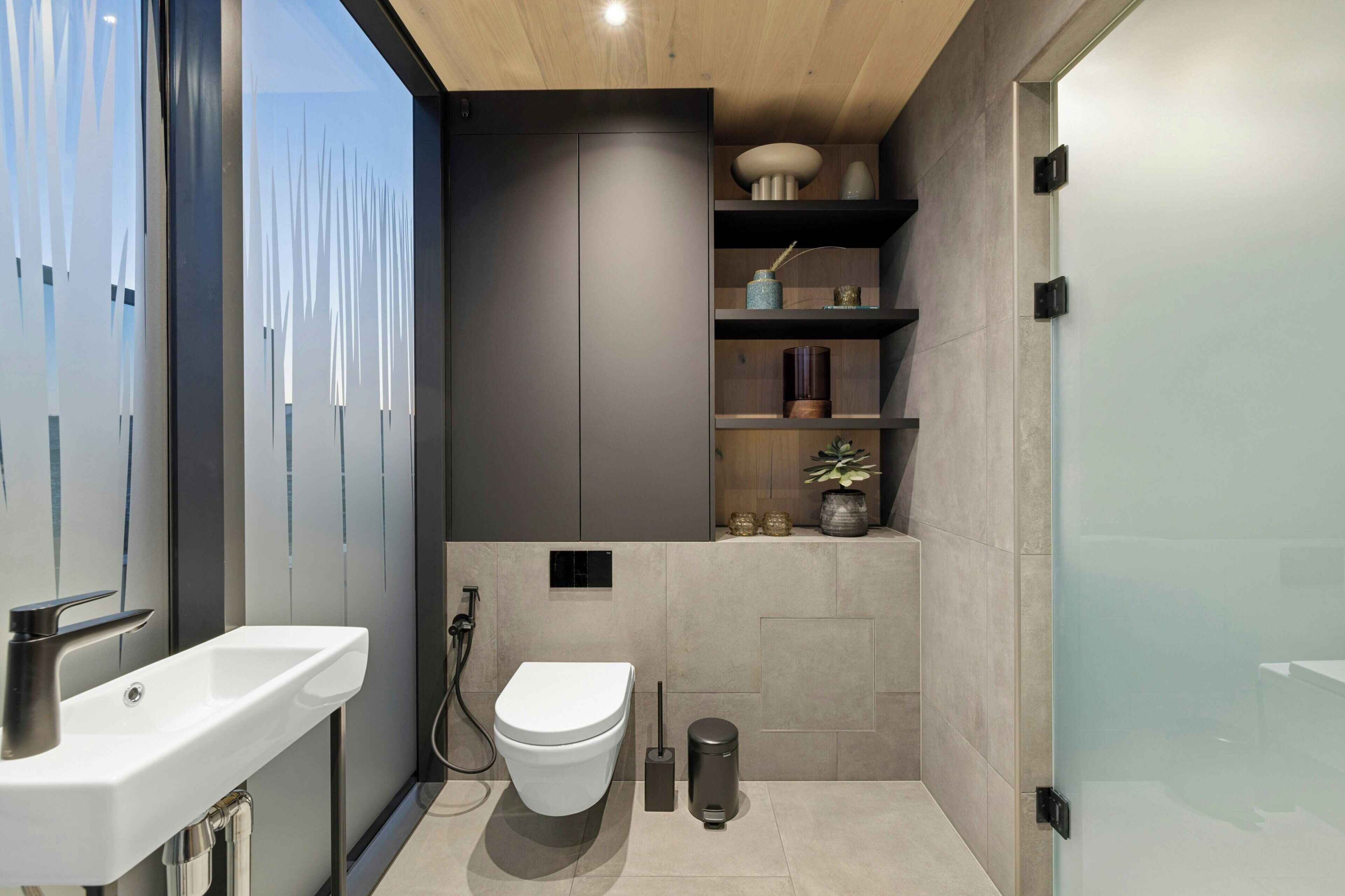A modern bathroom with a toilet, sink, and shelves.