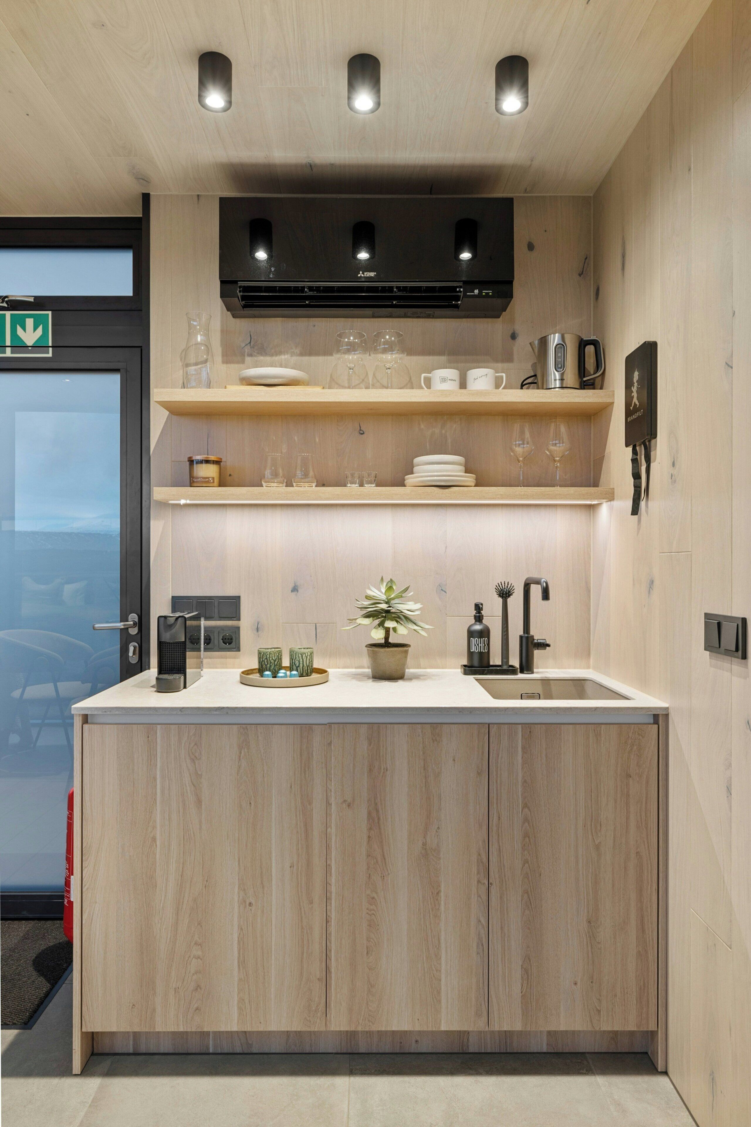 A modern kitchen with wooden cabinetry, a built-in stove, and a countertop with a potted plant.