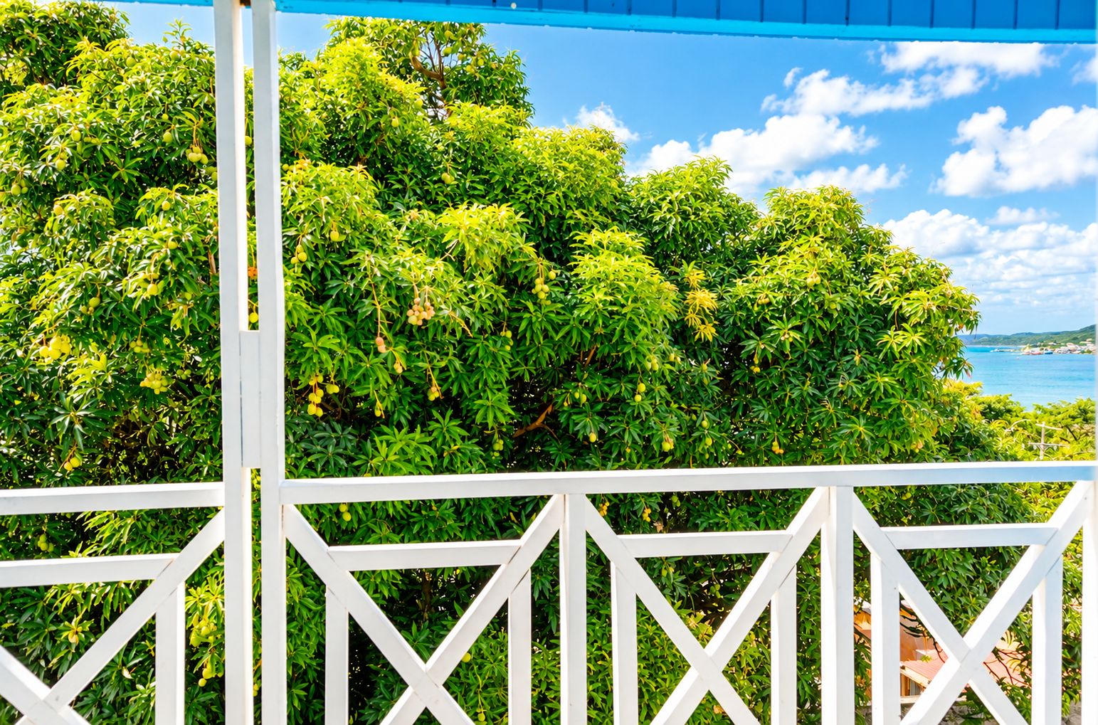 Un balcone bianco con vista su alberi verdi e un cielo azzurro.