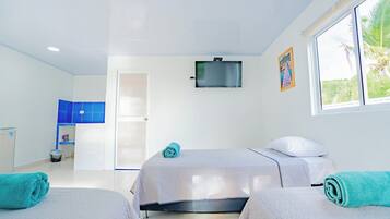 Habitación de hotel con dos camas, un televisor, una ventana que ofrece vistas a zonas verdes y un baño con zona de ducha azul.
